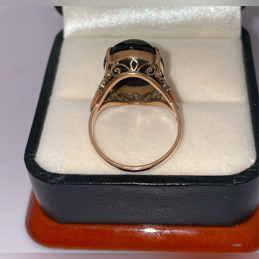 Solid 14K Yellow Rose Gold Natural Black Jade Oval Ring Vintage Estate